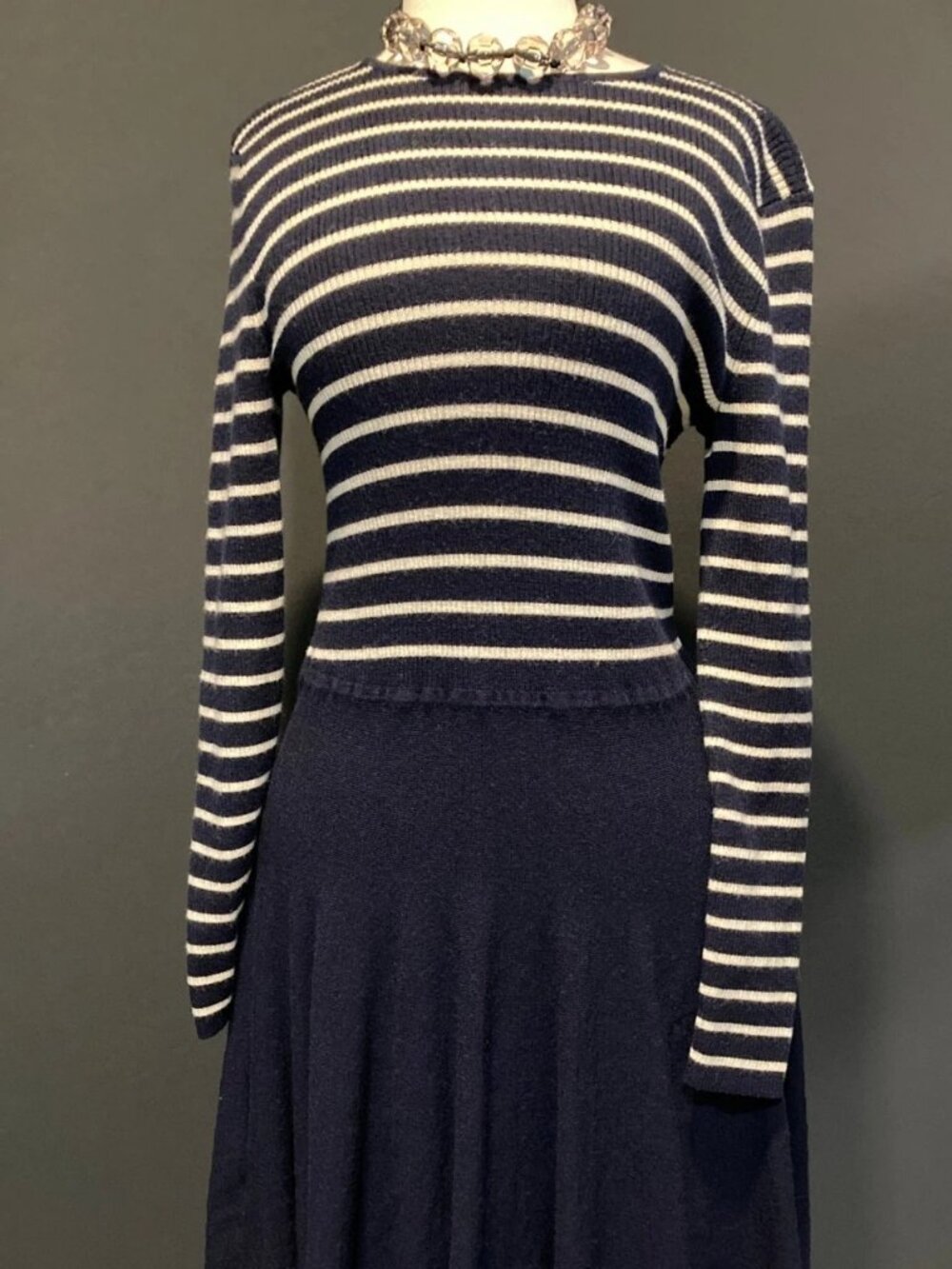 Lauren Ralph Lauren Stripe Merino Wool Navy Blue Knit Dress Size Medium